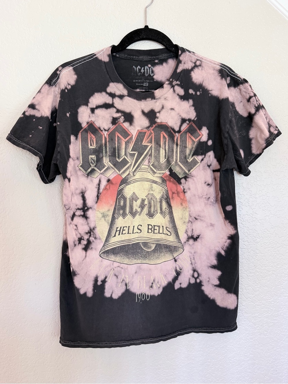 AC/DC Hells Bells Bleach Dye Graphic Tee Band Shirt Small